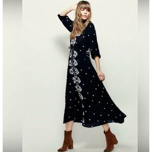 Free people Sz L black embroidered fable maxi dress